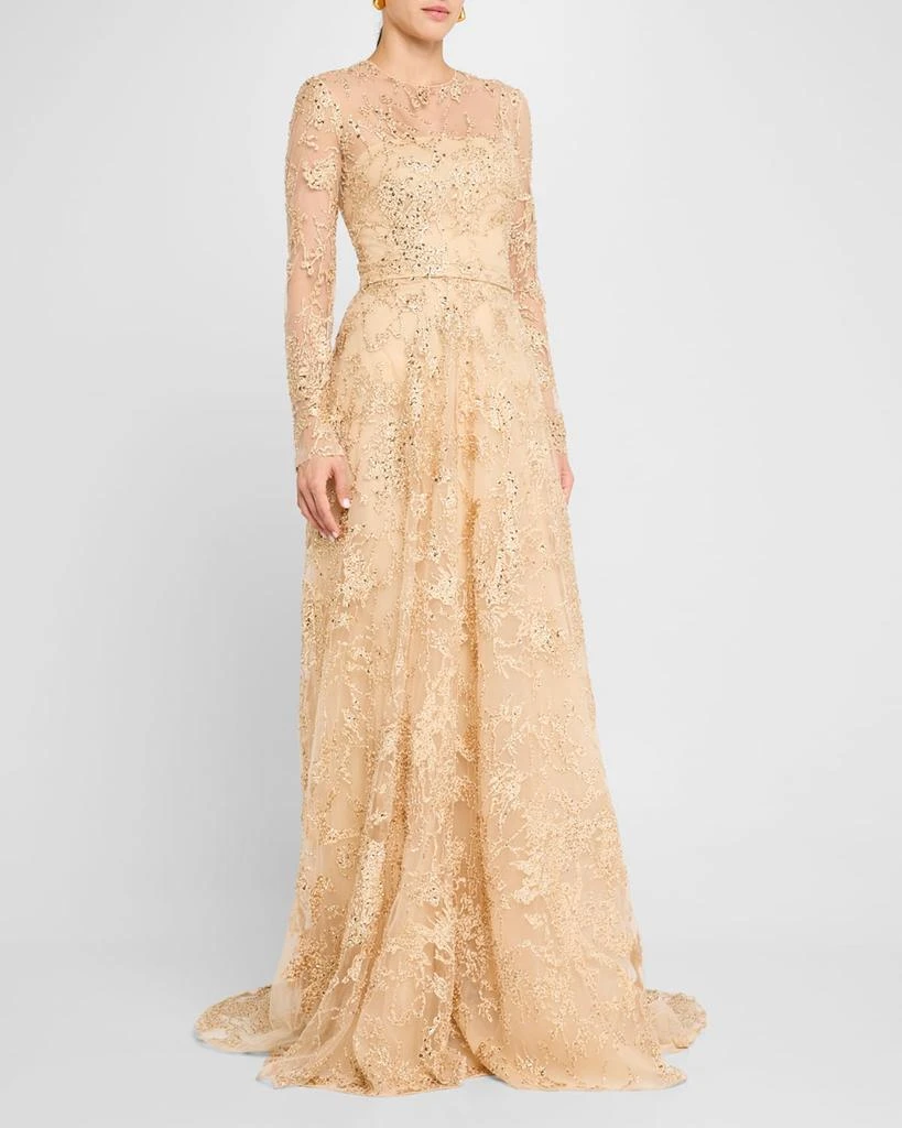 Pamella Roland Sequin Embroidered Tulle Long-Sleeve Illusion Gown 4