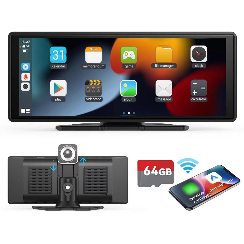 NONE Portable Wireless CarPlay Car Stereo with 10.26" HD Touchscreen, Android Auto, Mirror Link, and Backup Camera Compatibility - No Camera 2
