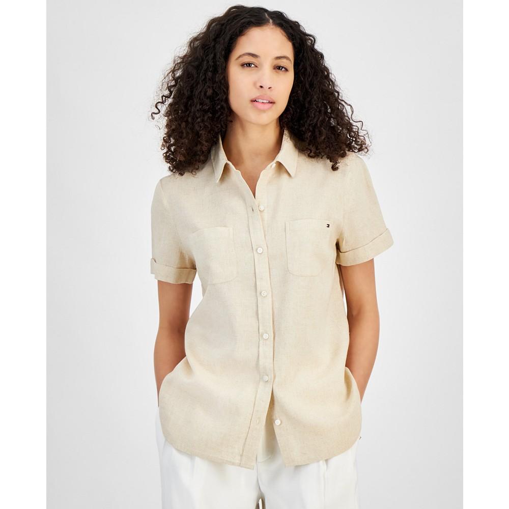 Tommy Hilfiger Women's Linen-Blend Short-Sleeve Button-Front Shirt