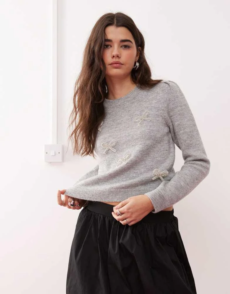 Miss Selfridge Miss Selfridge diamante puff sleeve jumper in grey marl 1