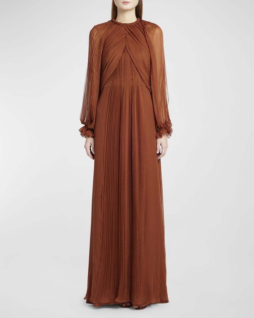 Alberta Ferretti Pleated Drape Long-Sleeve Organic Chiffon Gown