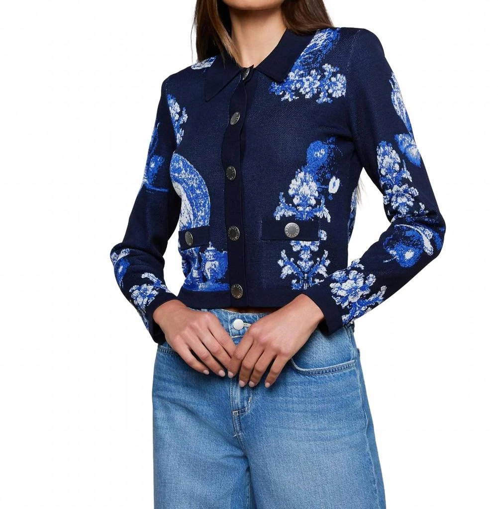 L
Agence Osiris Jacquard Cardigan In Black/blue Porcelain Print