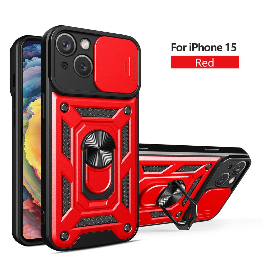 Reikowireless Kickstand Ring Holder With Slide Camera Cover Tpu Magnetic Car Mount For Apple Iphone 15 In Red
