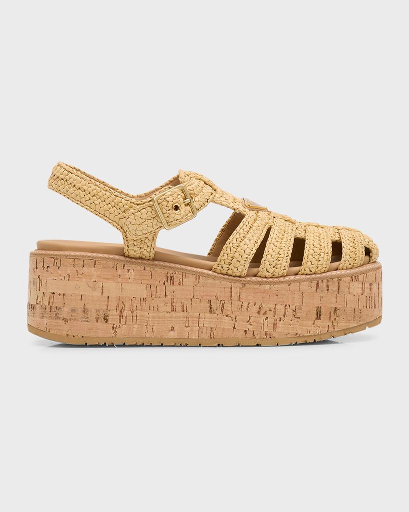 Prada Raffia Cork Platform Fisherman Sandals