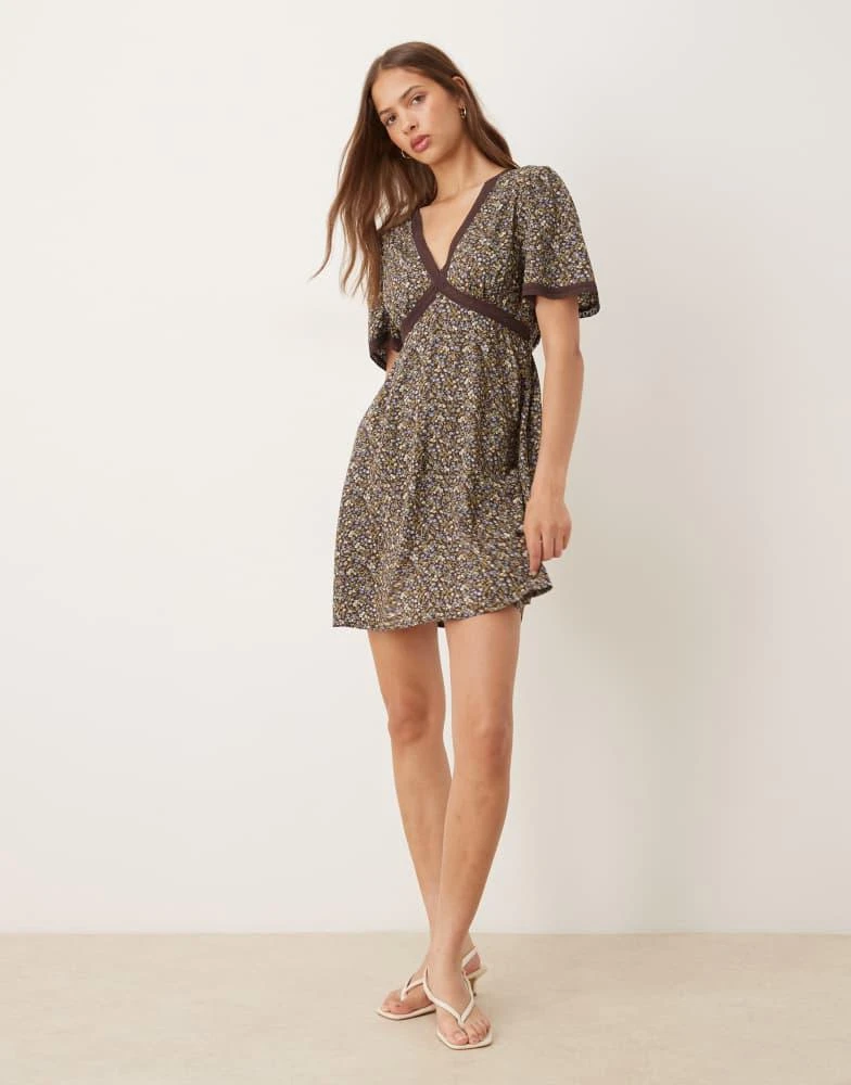 Nobody's Child Nobody's Child lace trim mini dress in chocolate ditsy floral 1