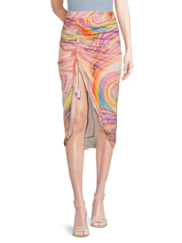 ROCOCO SAND Eira Rainbow Print Ruched Midi Sheath Dress 1