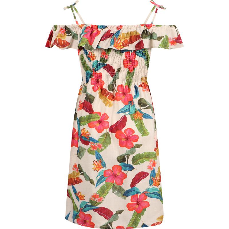 BANANA MOON Tropical flowers ruffle detailing fine straps dress in cream