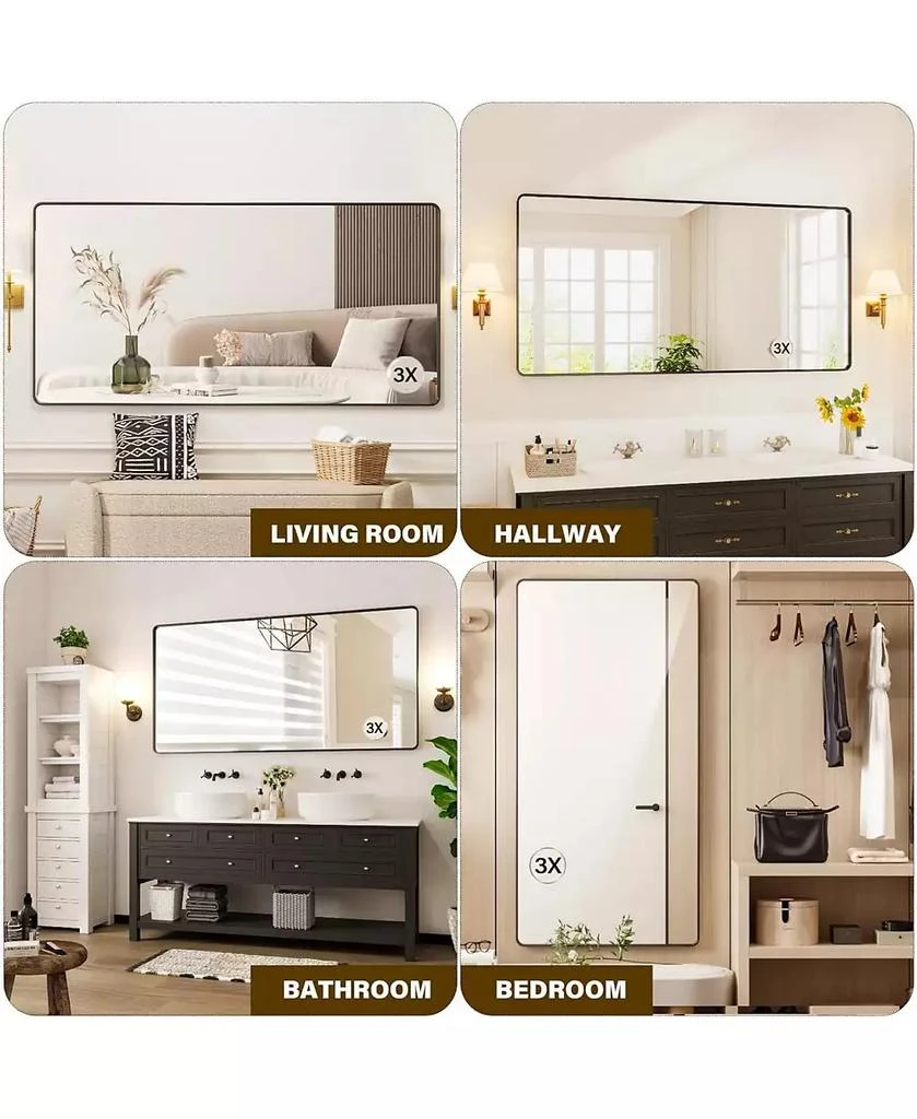 Homfan 72x36 Inch Black Metal Frame Bathroom Mirror | Rounded Rectangle Anti-Rust Vanity Wall Mirror | Horizontal or Vertical Mount for Bathroom 7