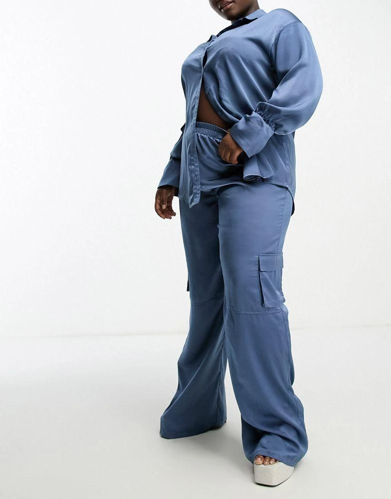I Saw It First Curve I Saw It First Plus exclusive satin utility wide leg trouser co-ord in petrol blue 1