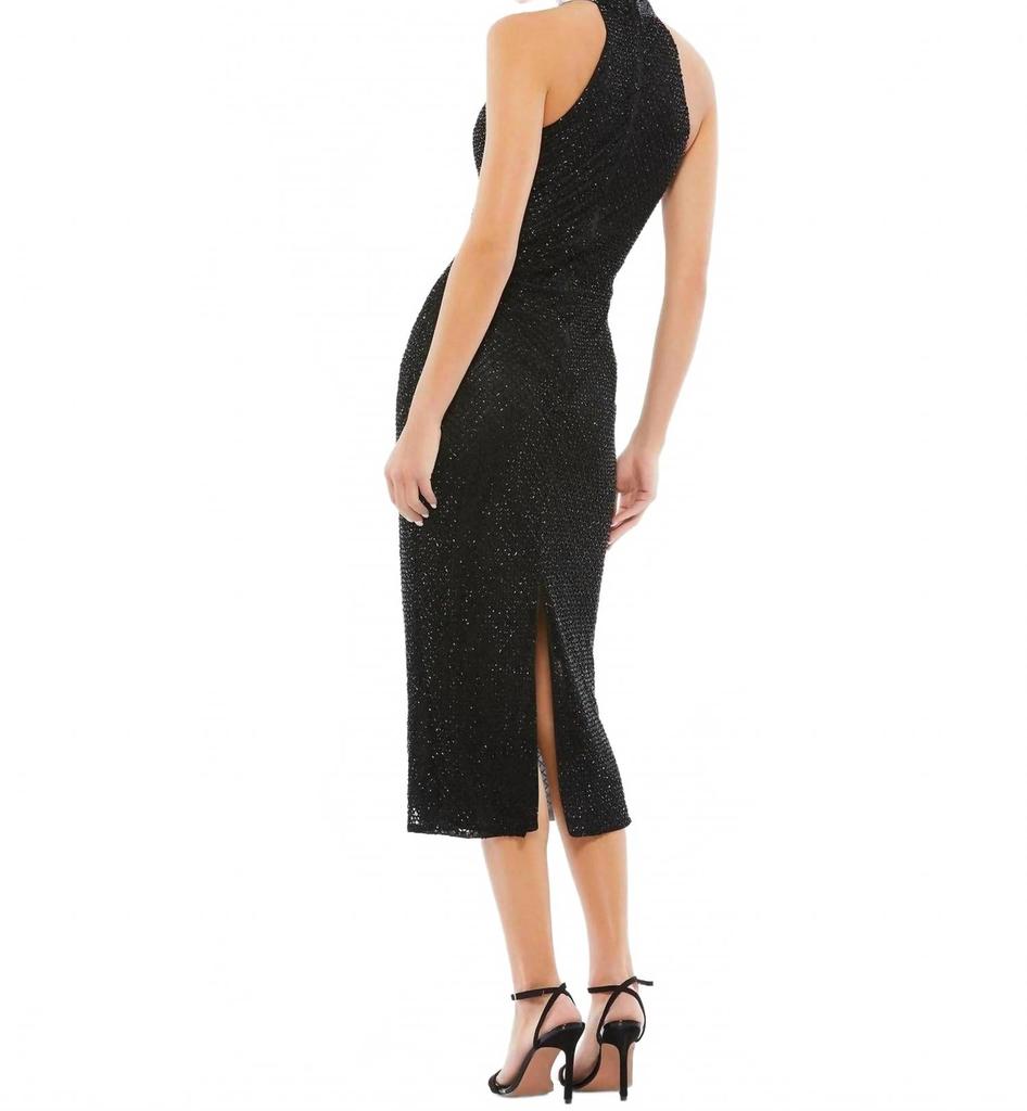 Mac Duggal Beaded High Neck Halter Midi Dress Sleeveless In Black