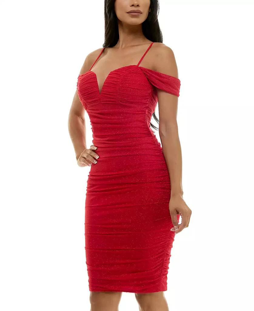 City Studios Juniors' Cold-Shoulder Glitter-Mesh Ruched Dress 3