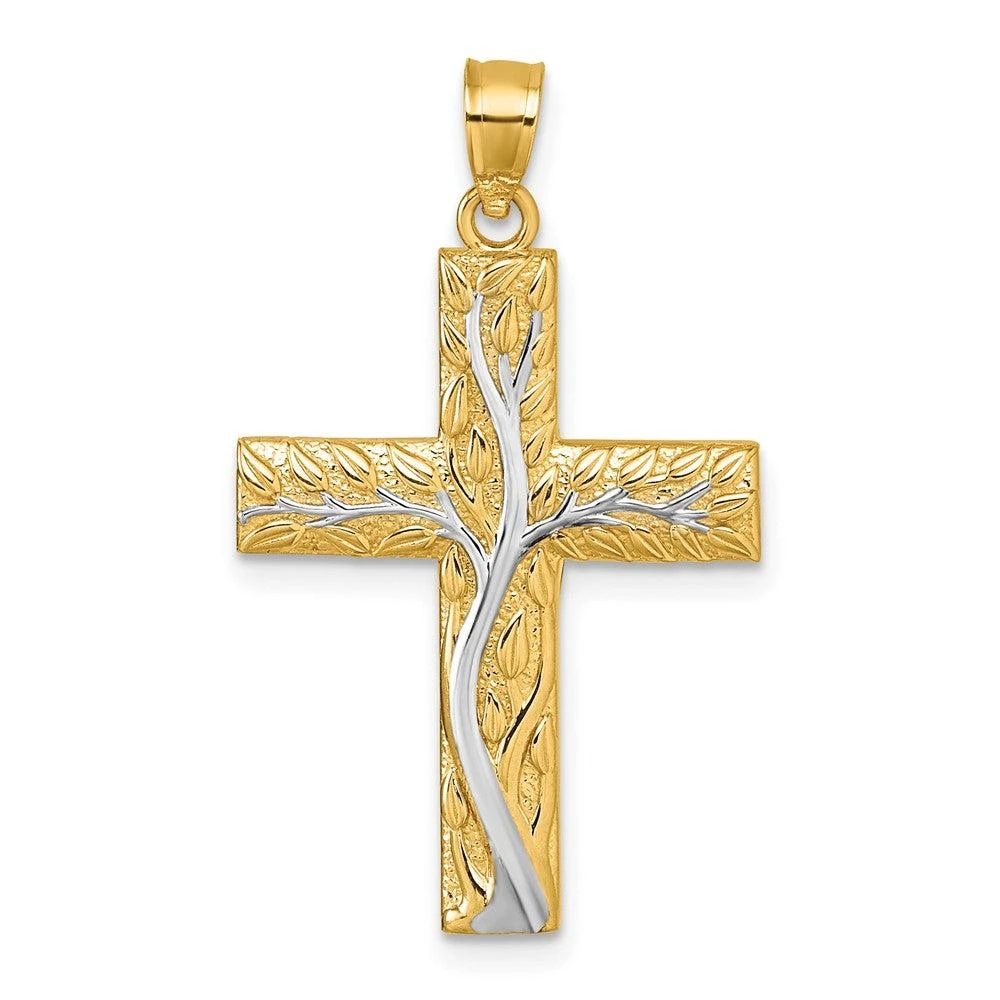 Diamond2Deal 14k Yellow Gold and Rhodium Polished Floral Tree with Leaves Hollow Back Cross Pendant