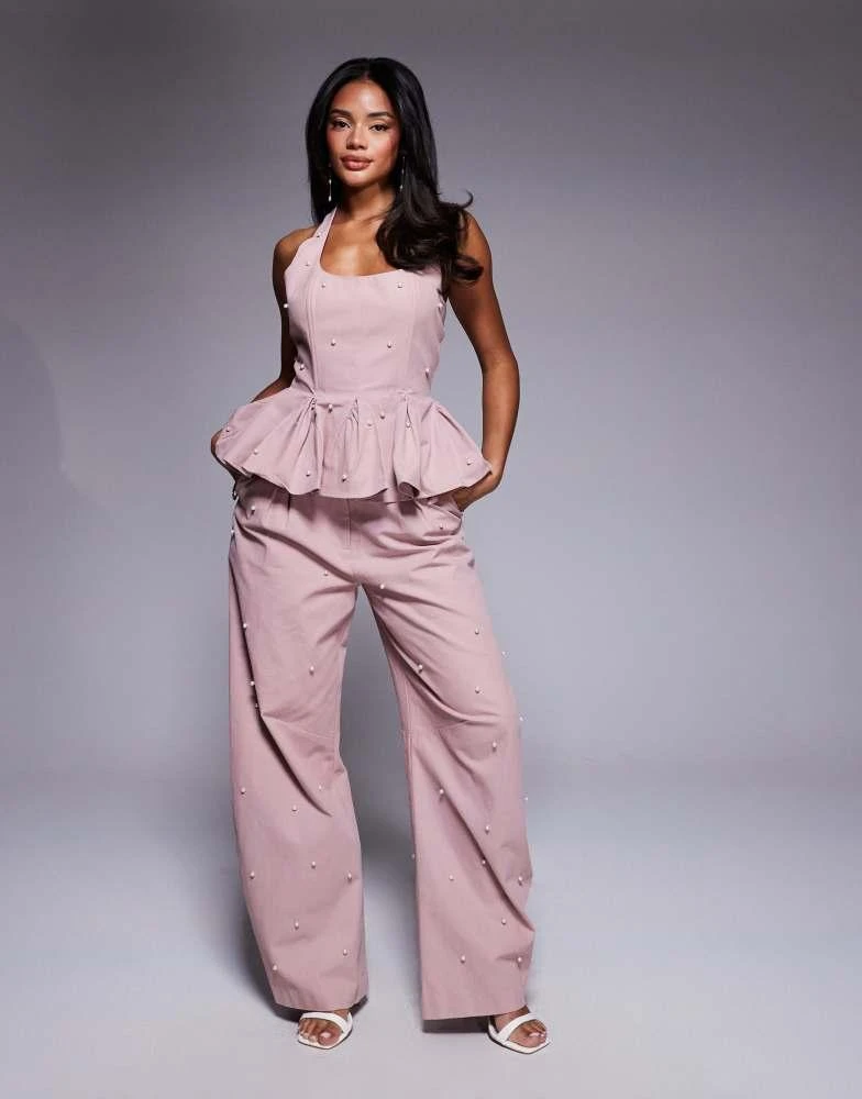 ASOS LUXE ASOS LUXE co-ord pearl embellished cotton twill corset peplum top in pink 3