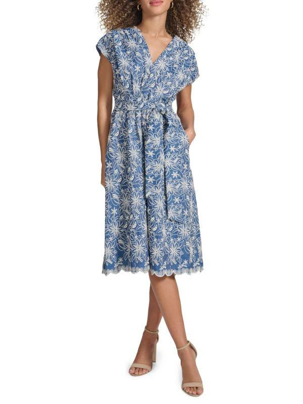 Kensie Kensie Faux-Wrap Embroidered Chambray Midi-Dress 4