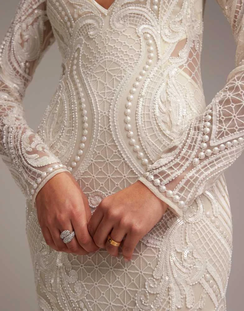 ASOS ASOS DESIGN embroidered plunge long sleeve maxi wedding dress in ivory 6
