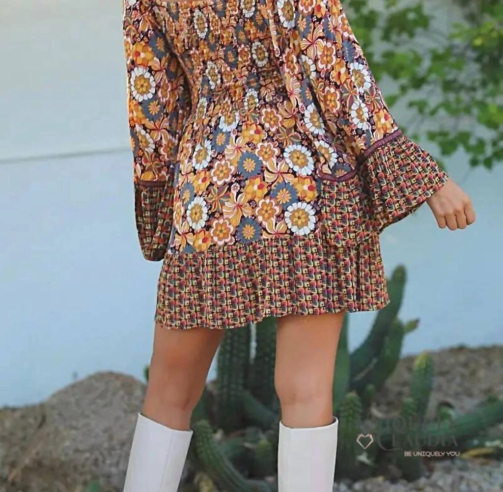 Angie Ember Bell Sleeve Mini Smock Dress In Brown-Multi 4