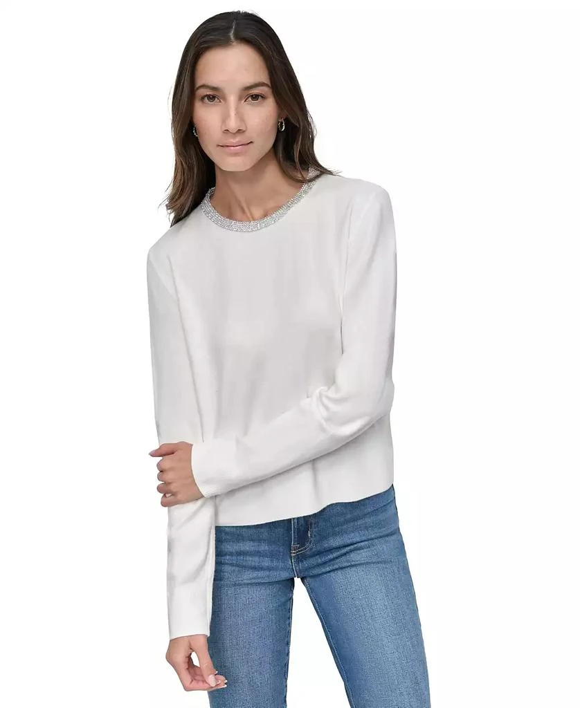 DKNY Women's Rhinestone Collar Crewneck Sweater 1