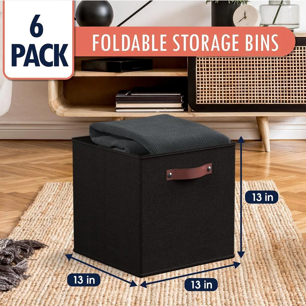 Ornavo Home Foldable Linen Storage Cube Bin with Leather Handles - Set of 6 4