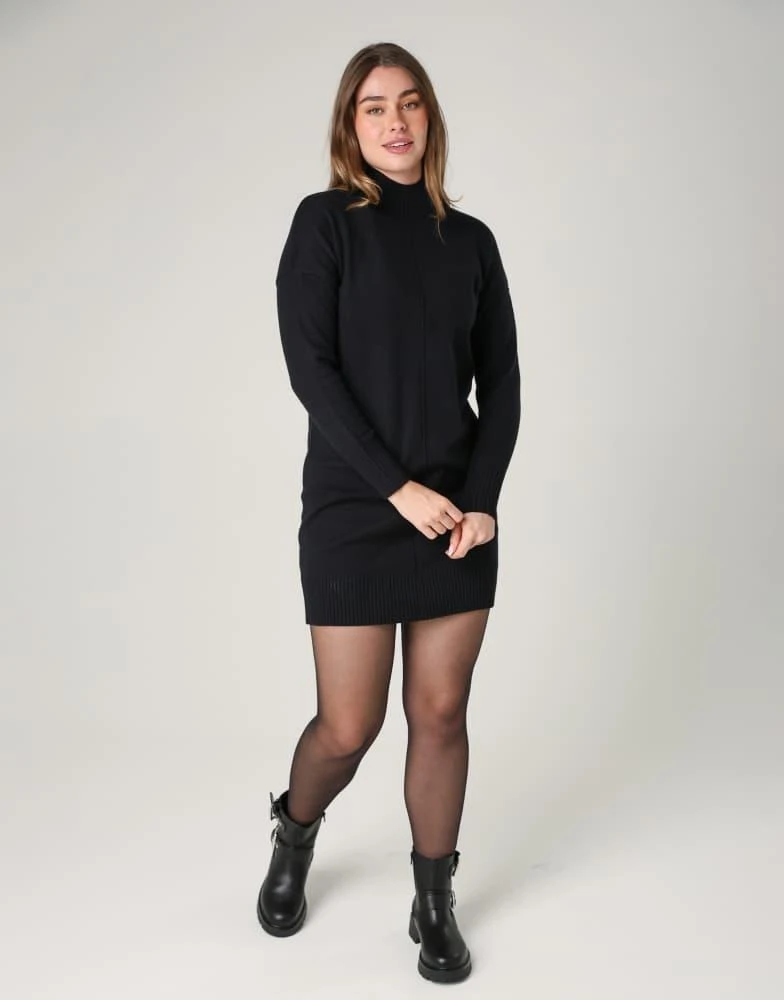 French Connection Cosy Soft Touch High Neck Seam Jumper Mini Dress - Black - Size S