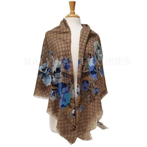 Gucci Gucci - Beige/Blue GG Floral Print Wool Scarf 1