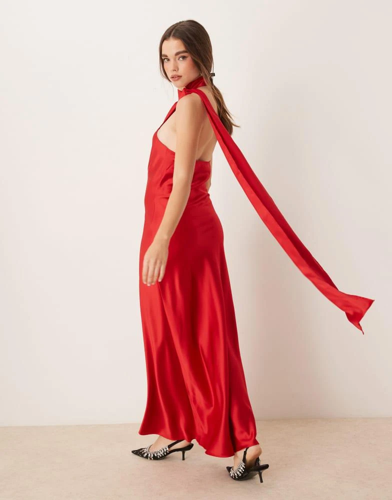 GINA TRICOT Gina Tricot satin drape detail one shoulder scarf neck maxi dress in red 1