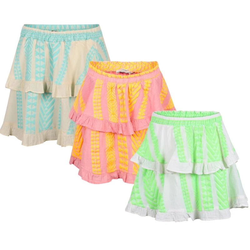 Devotion Pack of 3 geometric print ruffled skirt in off white turquoise green pink and yellow from undefined