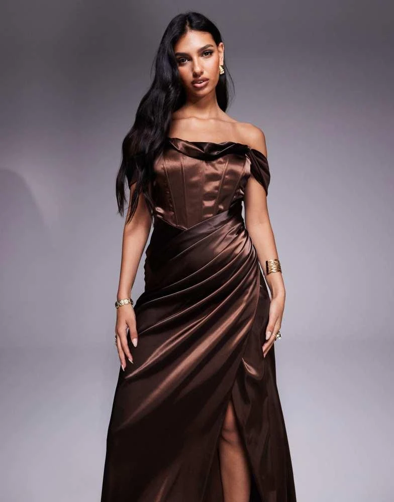 TFNC drop shoulder satin corset maxi dress in chocolate  On Sale Now with  Up to 40% Off | Discover Exclusive Deals & Savings at BeyondStyle   Authentic TFNC Home|women with Limited-Time