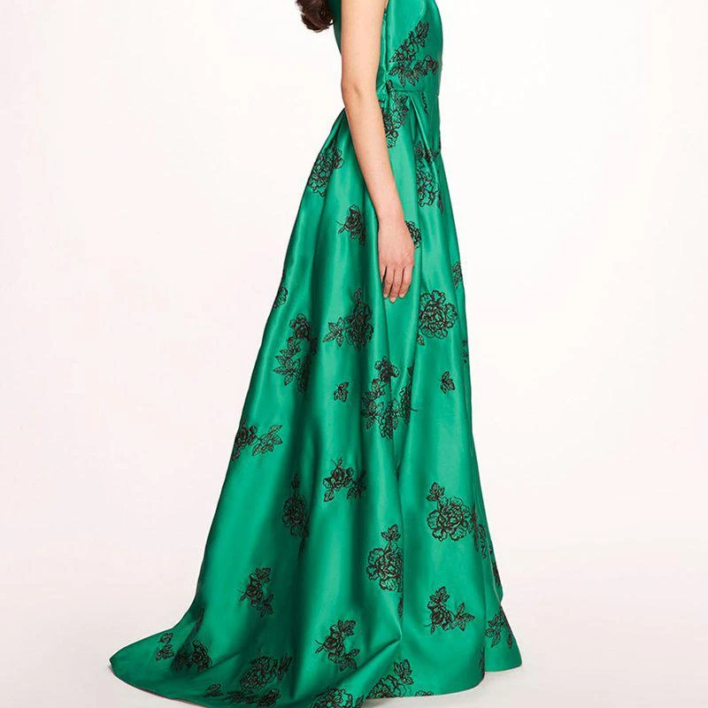 MARCHESA One Shoulder Marigold Ball Gown Emerald Combo 2