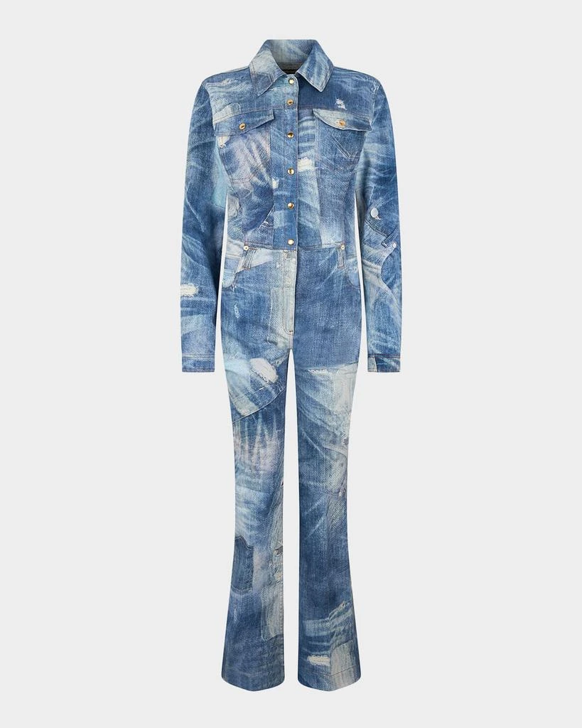 Roberto Cavalli Patchwork Denim Long-Sleeve Bootcut Jumpsuit