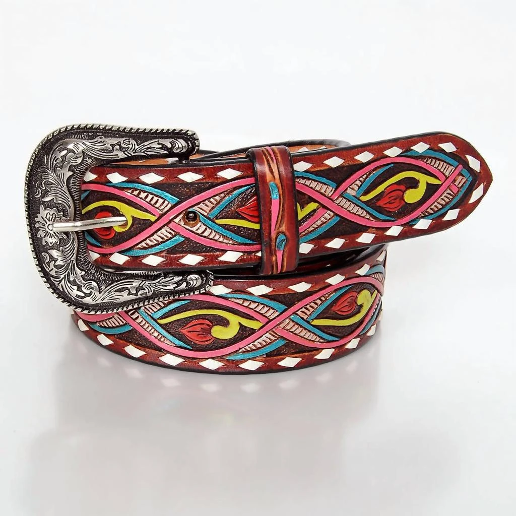 NEW AMERICAN DARLING women\'s hand-tooled leather belt in red American Darling Western Floral Hand-Tooled Leather Belt in  main image 2