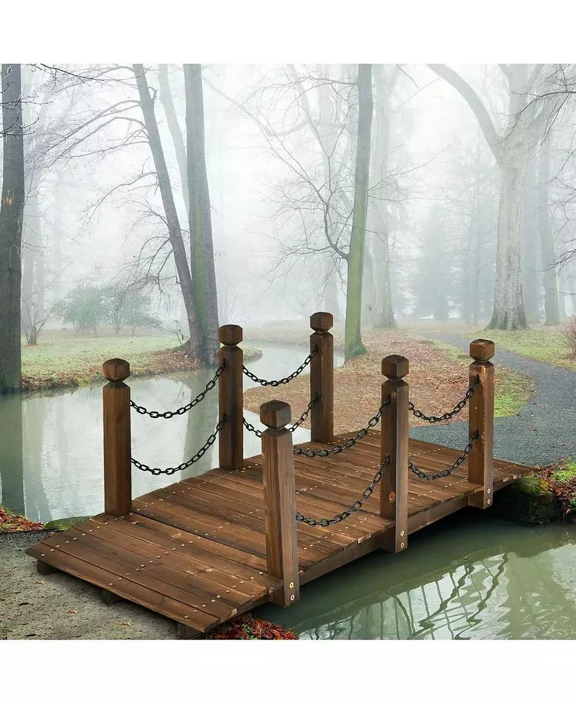 SKONYON 5 Feet Wooden Garden Bridge Arc Footbridge Stained Finish Walkway with Safety Rails 6