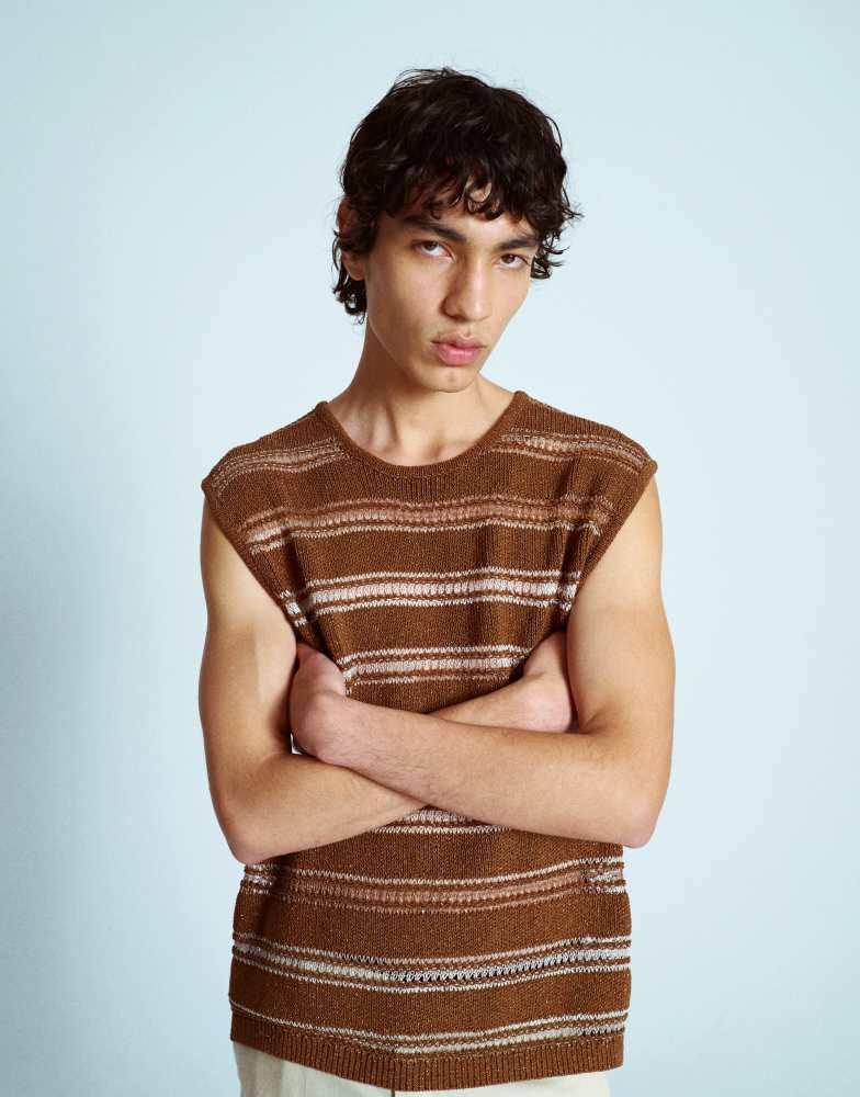 Topman Topman relaxed fit knitted crochet tank with metallic yarn in brown