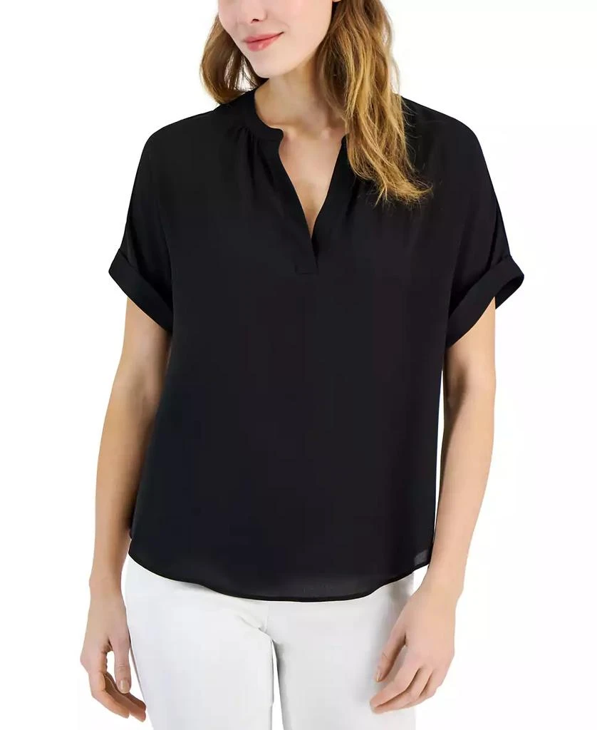 Tahari Women's Split-Neck Rolled-Cuff Top 1