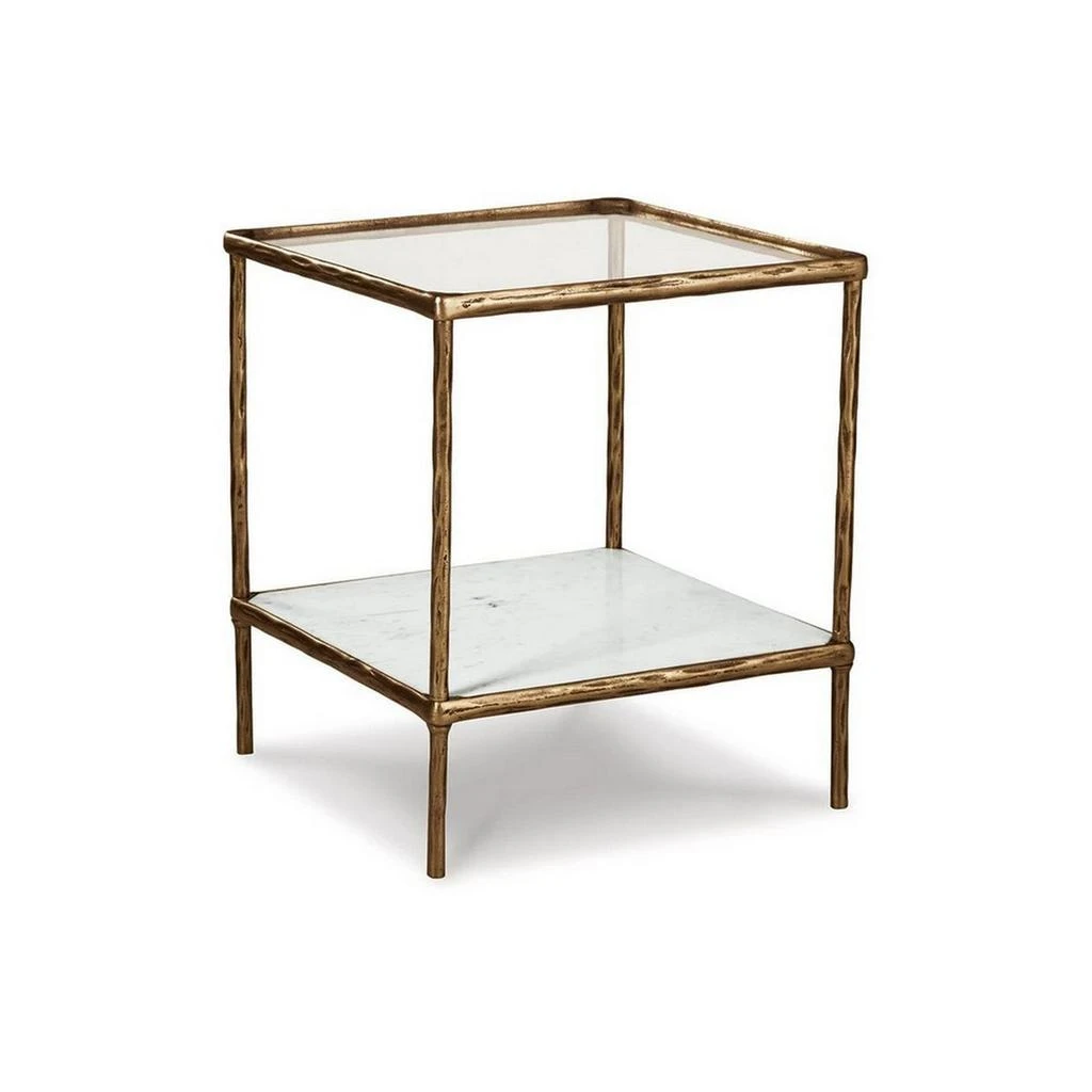Hivvago Dalie 25 Inch Accent Table, Square Glass Tabletop, Marble, Antique Gold