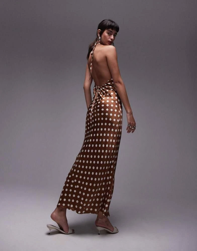 Topshop Topshop polka dot halter neck maxi dress in brown 2