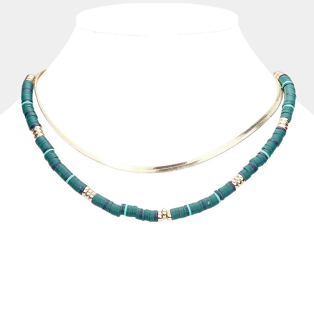 FASHNZFAB Metal Chain Heishi Beaded Double Layered Necklace 3