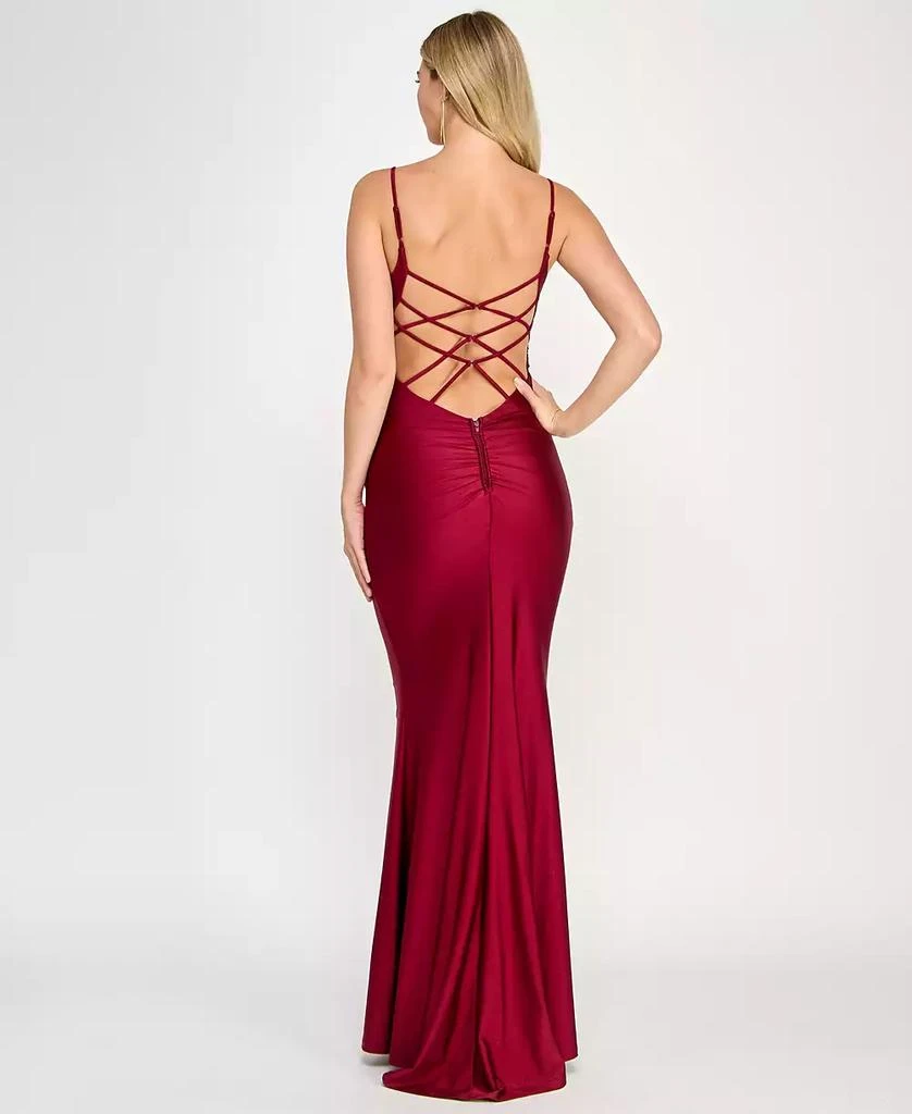Crystal Doll Juniors' Ruched Strappy-Back Satin Gown - Dresses & Skirts -  Free Shipping - BeyondStyle