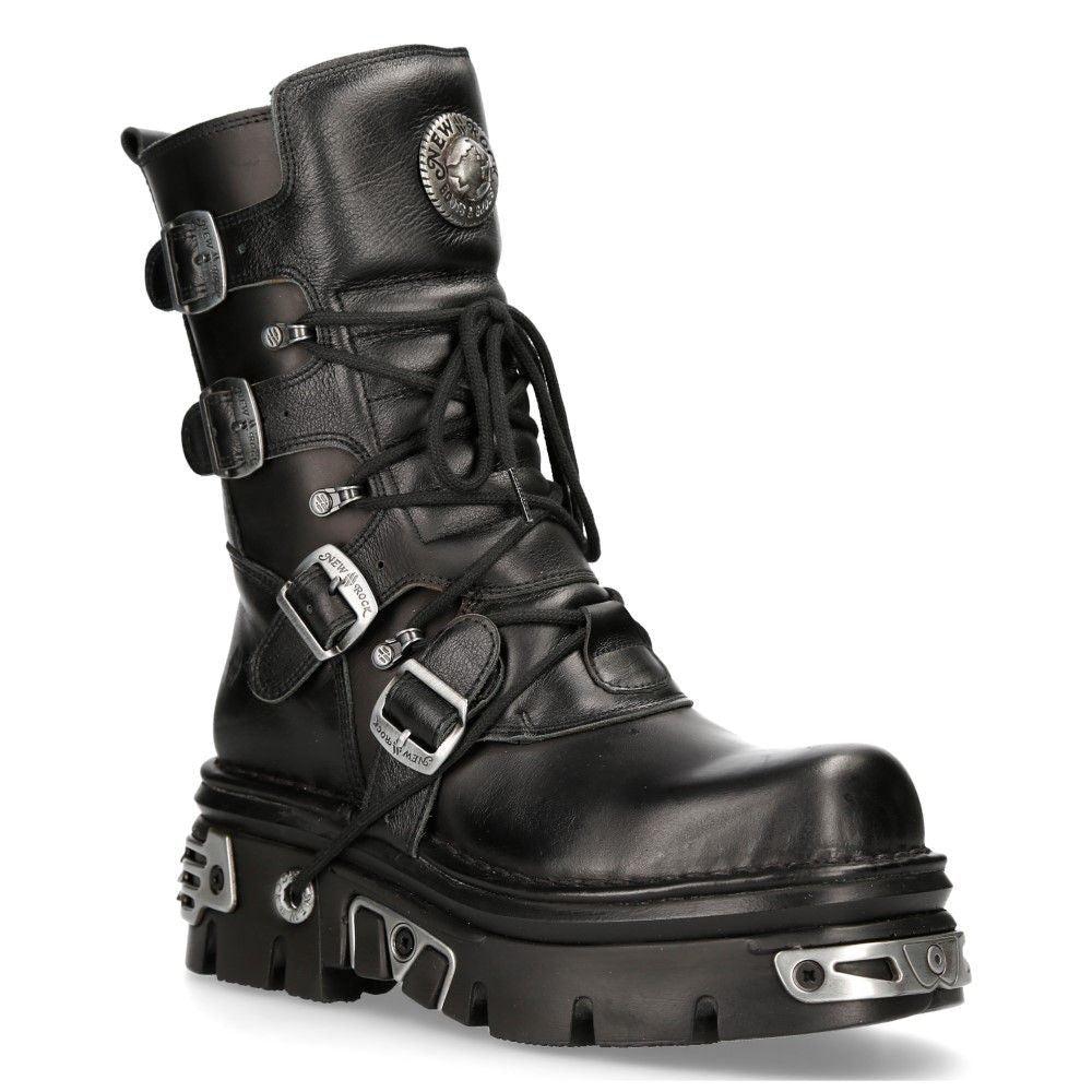 NewRock Unisex Black Leather Gothic Mid-Calf Boots-373-S4