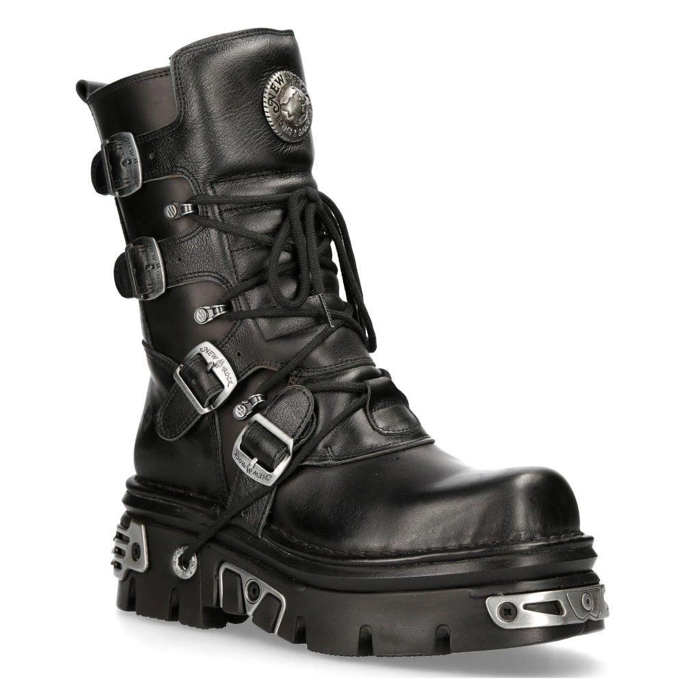 NewRock Unisex Black Leather Gothic Mid-Calf Boots-373-S4 1
