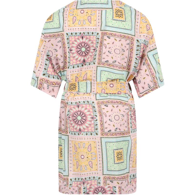 Dalai Kids Oriental print beach kimono in pink yellow and green