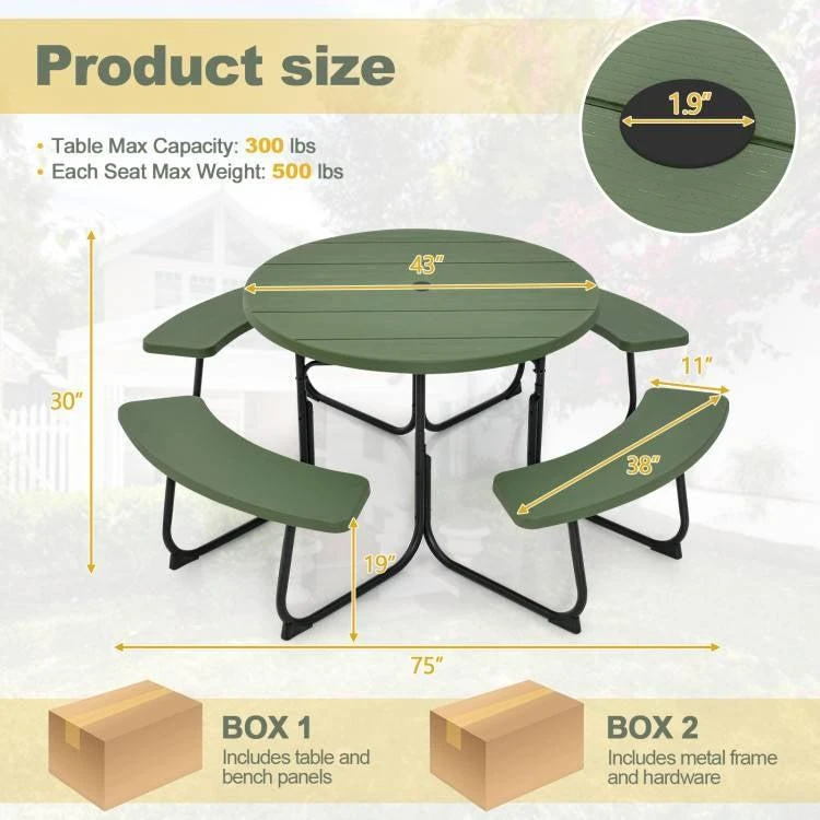 Hivvago Green All Weather 8 Seater Picnic Table with Umbrella Hole 3