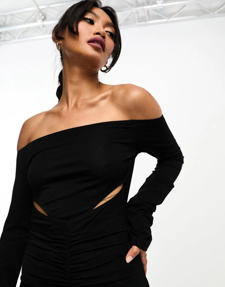 ASOS ASOS DESIGN bardot ruched front cut out long sleeve midi dress in black 3