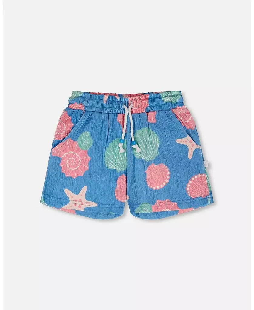Deux par Deux Toddler Girls Crinkle Jersey Shorts Blue Shell Print
