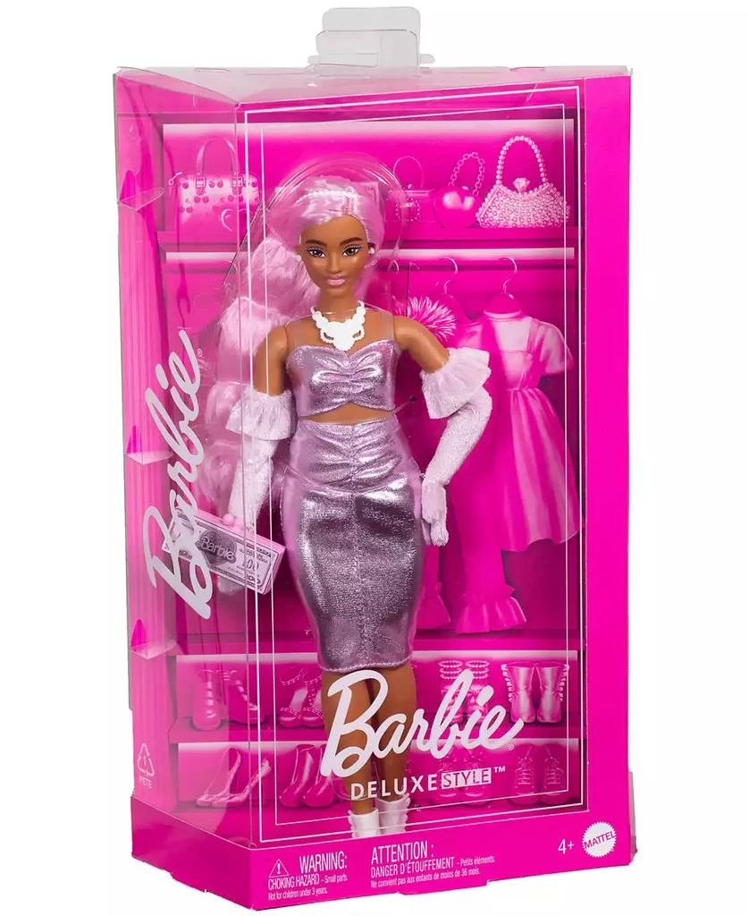 Barbie Deluxe Style Doll 1 in Glossy Pink Barbiecore Dress with Velvet Gloves, Pink Hair 6