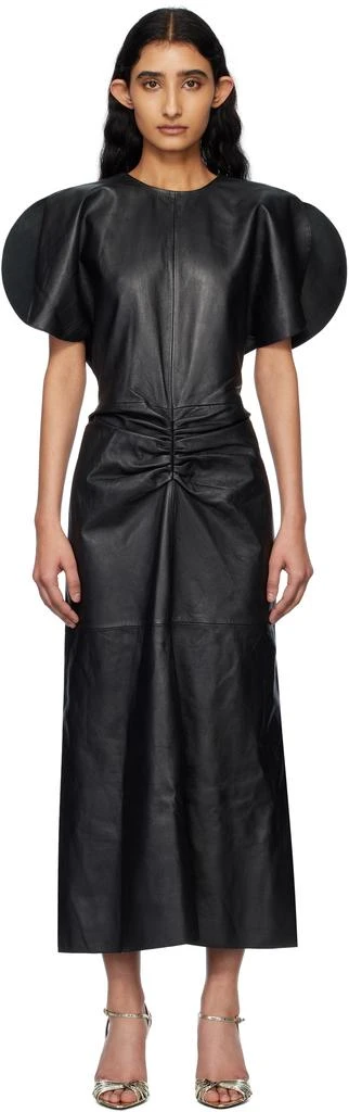 Victoria Beckham Black Gathered Waist Leather Midi Dress 1