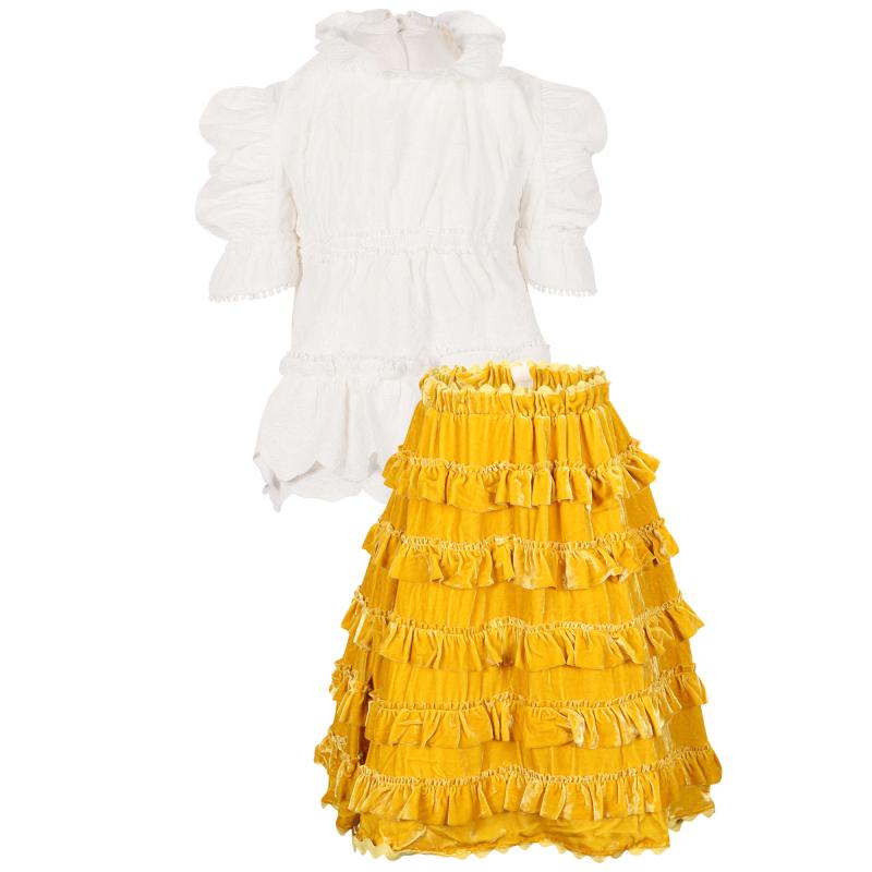 TiA CiBANi KiDS Eyelet lace blouse and long ruffled skirt set in white and mustard yellow