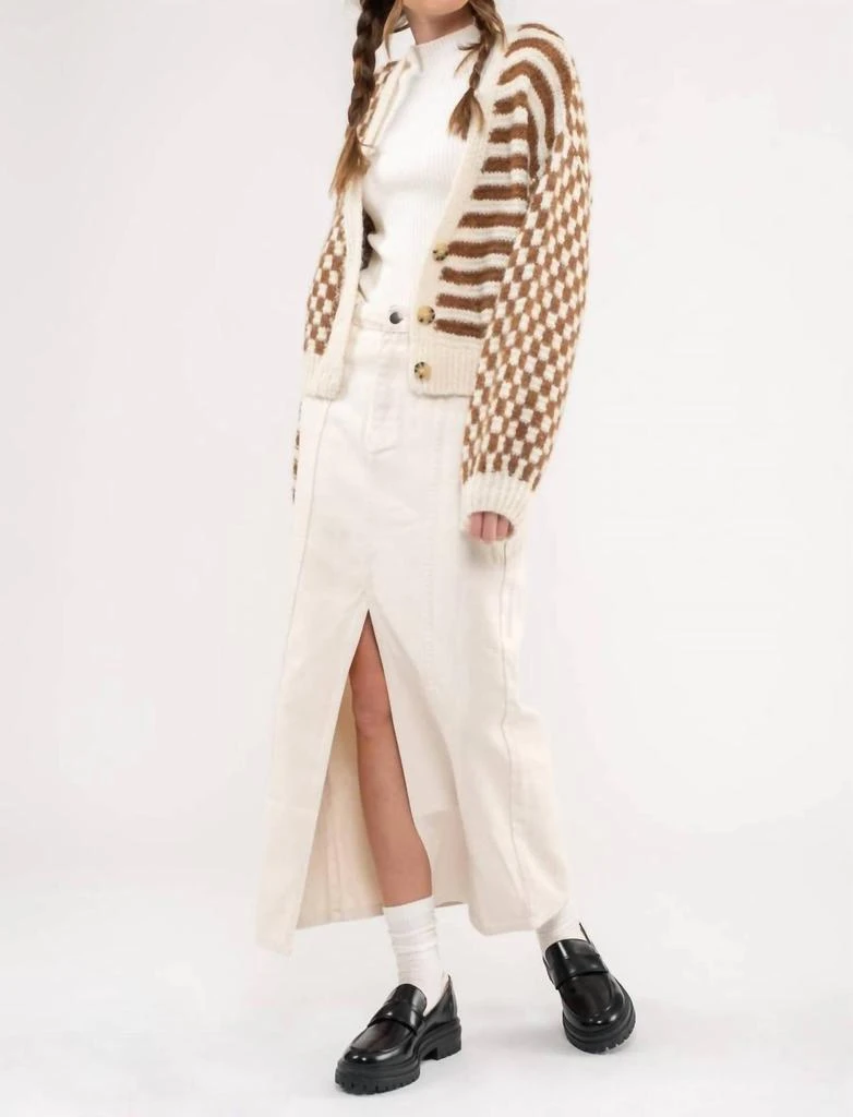 Blu Pepper Stripe And Checkered Drop Shoulder Knit Cardigan In Brown 2