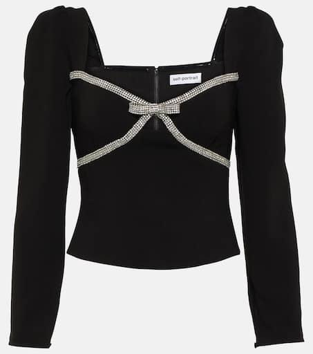 Self Portrait Bow embellished crêpe crop top