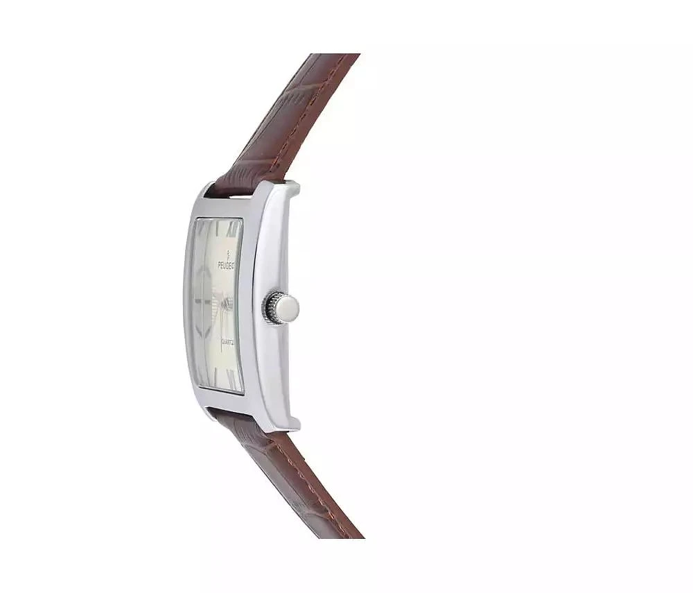 Peugeot Men's 30X40mm Silver Tank Shape Watch with Textured Dial Brown Leather Strap 3