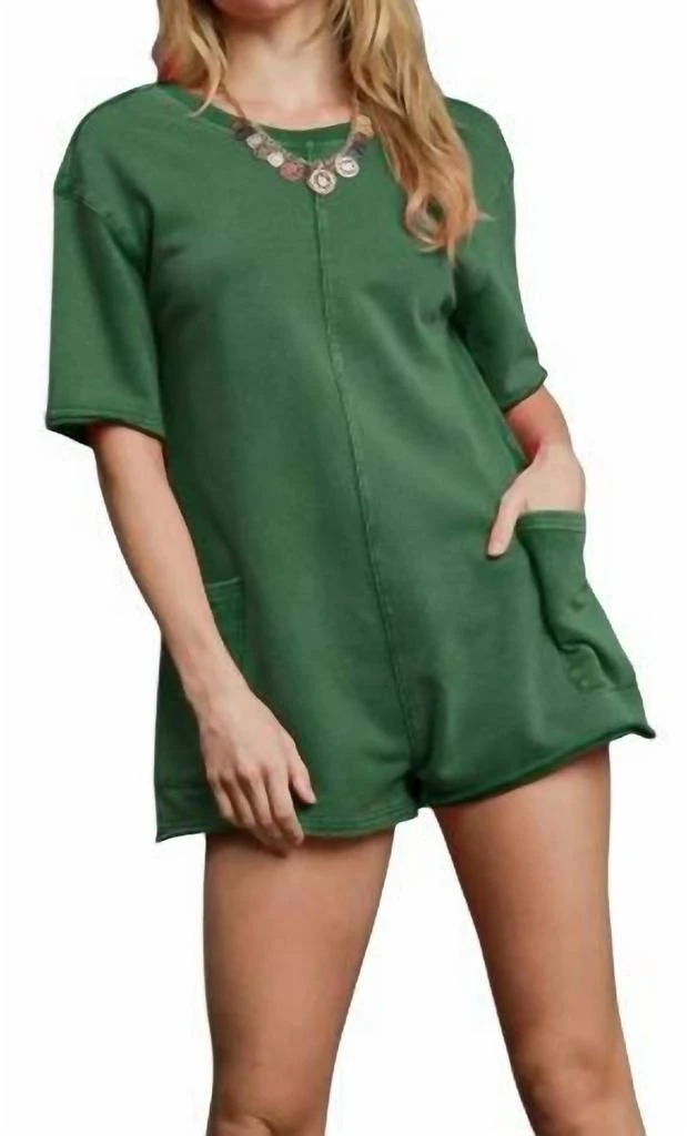umgee Vintage Short Sleeve Romper In Green